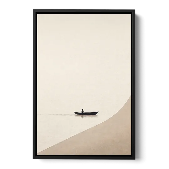Solitude Painting of a Lone Rower at Dawn - Black Framed Canvas Wall Art - Front