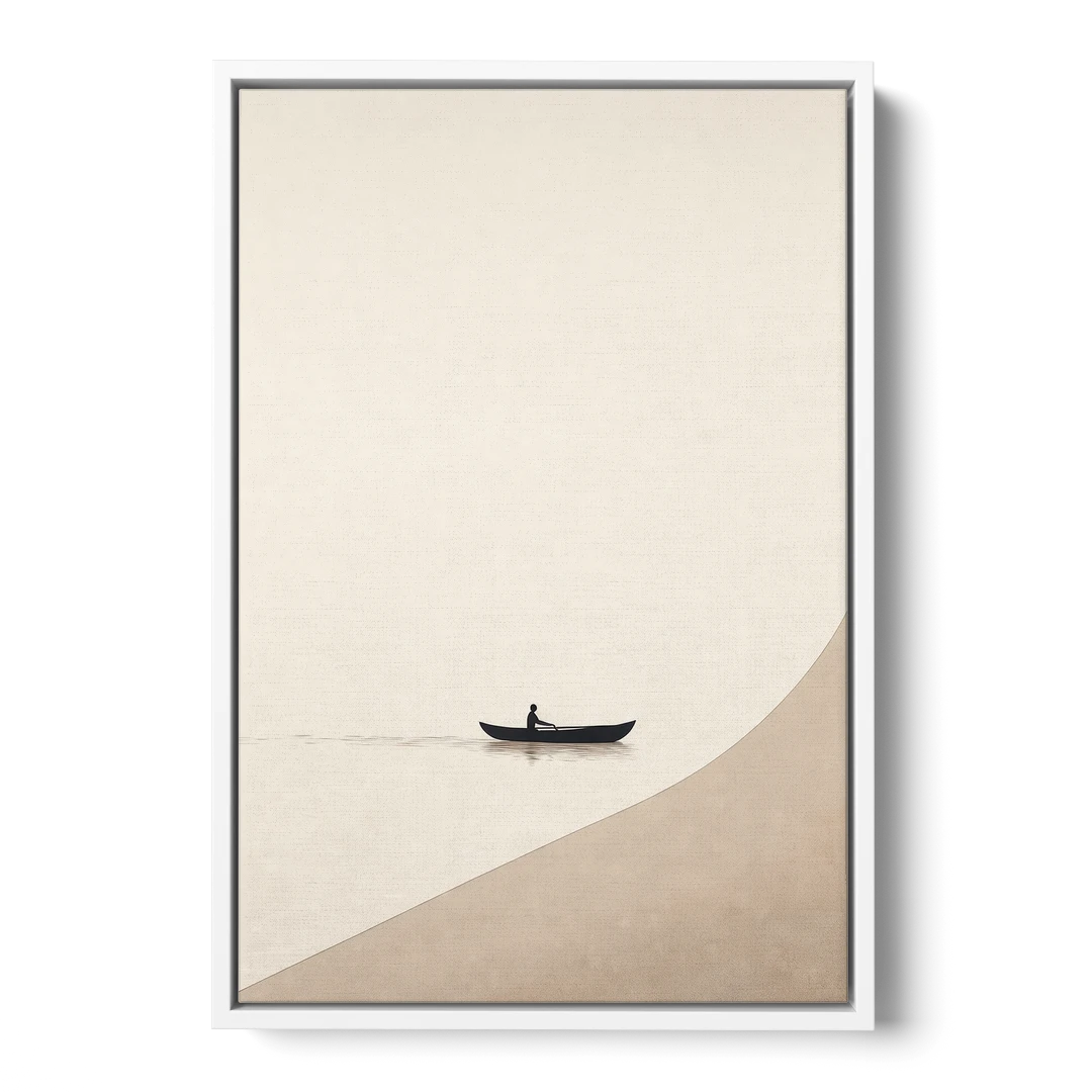 Solitude Painting of a Lone Rower at Dawn - White Framed Canvas Wall Art - Front