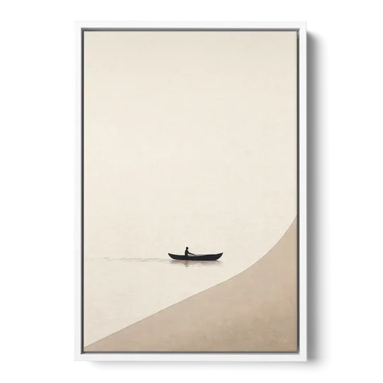 Solitude Painting of a Lone Rower at Dawn - White Framed Canvas Wall Art - Front