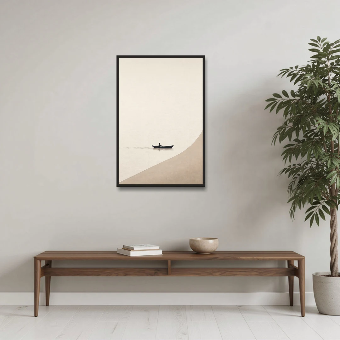 Solitude Painting of a Lone Rower at Dawn - Black Framed Canvas Wall Art - Coffee Table - 24x36