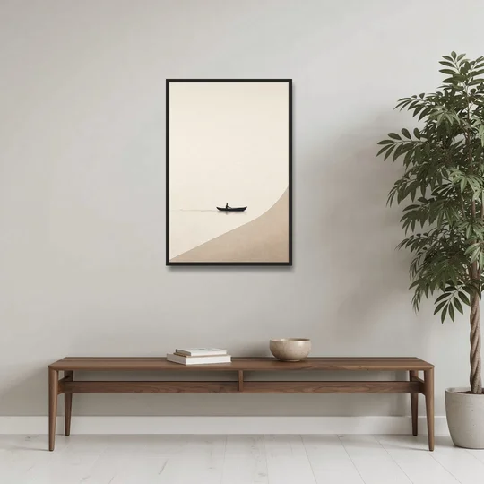 Solitude Painting of a Lone Rower at Dawn - Black Framed Canvas Wall Art - Coffee Table - 24x36
