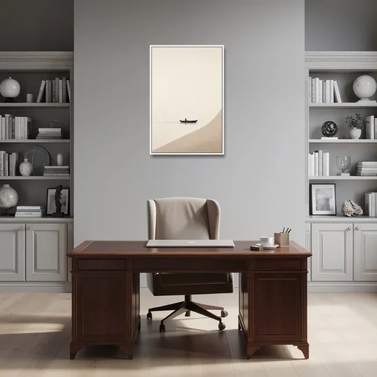 Solitude Painting of a Lone Rower at Dawn - White Framed Canvas Wall Art - Office - 24x36