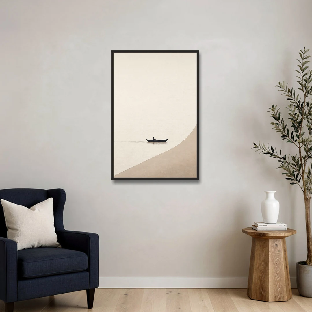 Solitude Painting of a Lone Rower at Dawn - Black Framed Canvas Wall Art - Sofa - 24x36