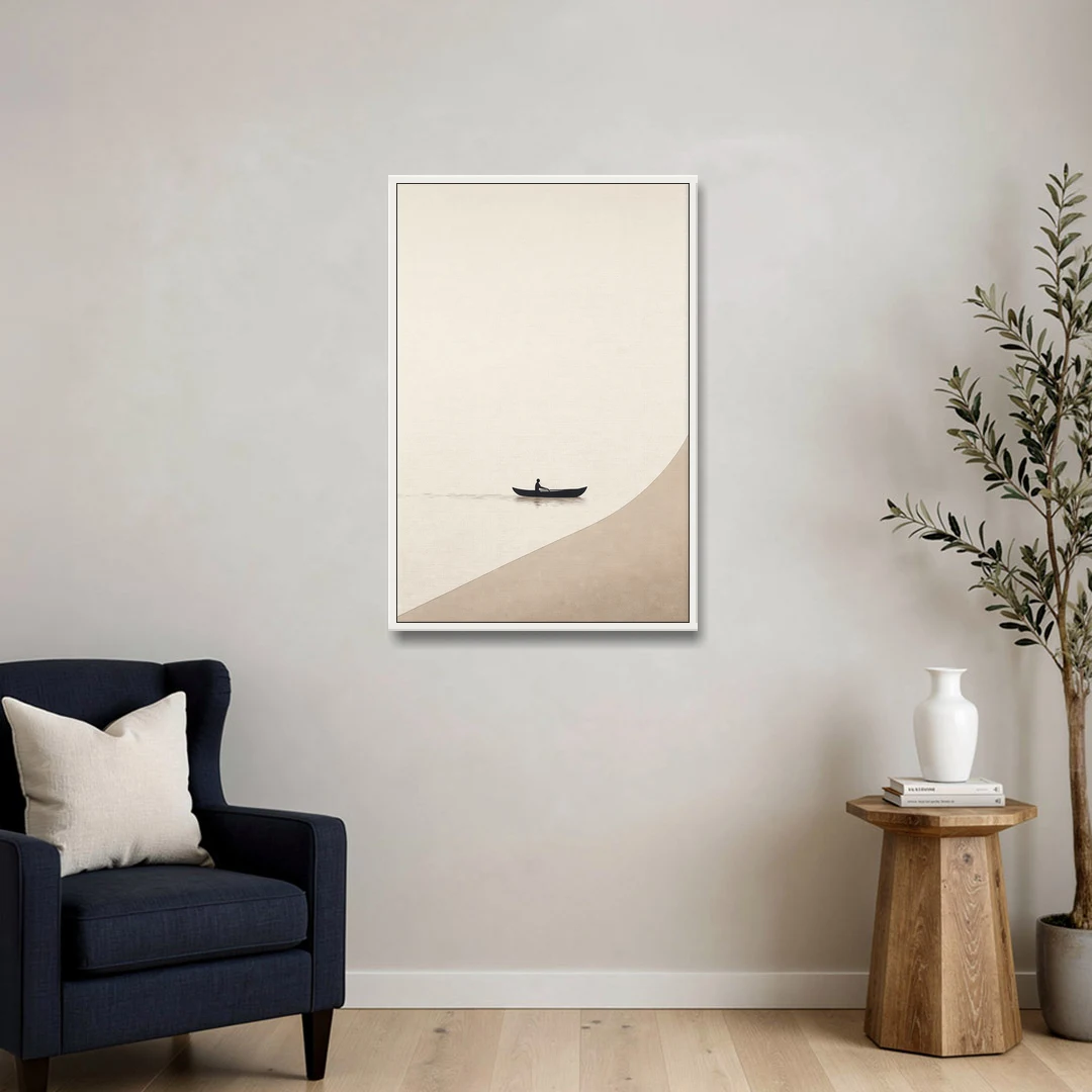 Solitude Painting of a Lone Rower at Dawn - White Framed Canvas Wall Art - Sofa - 24x36