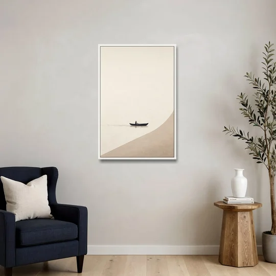 Solitude Painting of a Lone Rower at Dawn - White Framed Canvas Wall Art - Sofa - 24x36