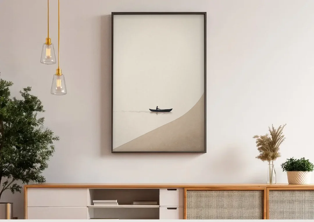 Solitude Painting of a Lone Rower at Dawn canvas wall art above a wooden sideboard under pendant lights