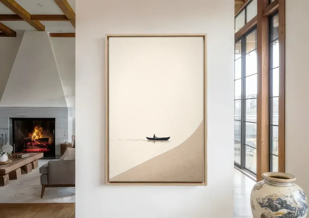 Solitude Painting of a Lone Rower at Dawn canvas wall art in a living room with a fireplace