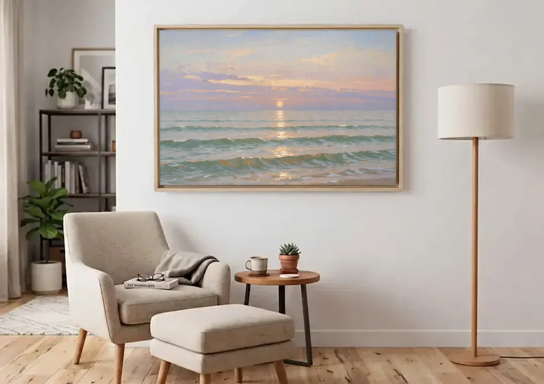 Soothing Moon Path at Twilight for the Bedroom canvas wall art above an armchair in a bright living room