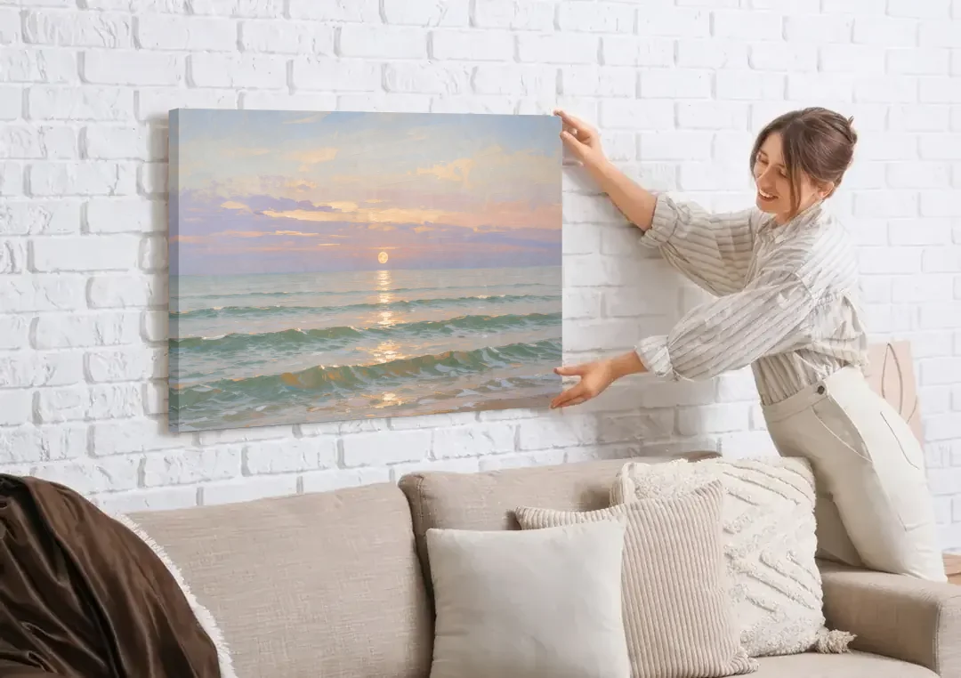 Soothing Moon Path at Twilight for the Bedroom canvas wall art being hung on a white brick wall above a sofa