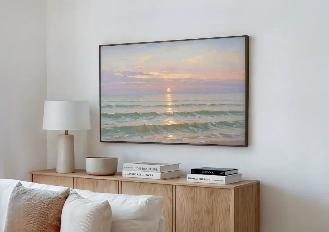 Soothing Moon Path at Twilight for the Bedroom canvas wall art above a wooden sideboard next to a sofa