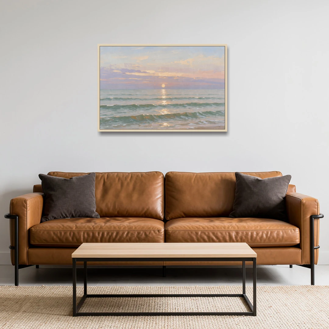Soothing Moon Path at Twilight for the Bedroom - Oak Framed Canvas Wall Art - Sofa - 36x24