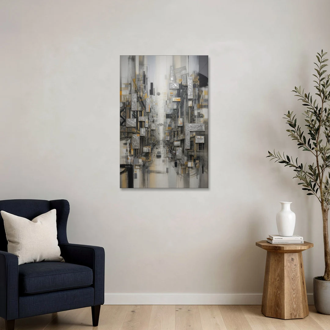 Sophisticated Cityscape Grey and Silver Abstract - Canvas Wall Art - Sofa - 24x36