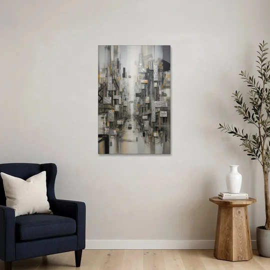 Sophisticated Cityscape Grey and Silver Abstract - Canvas Wall Art - Sofa - 24x36