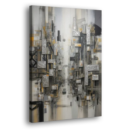 Sophisticated Cityscape Grey and Silver Abstract - Canvas Wall Art - Side