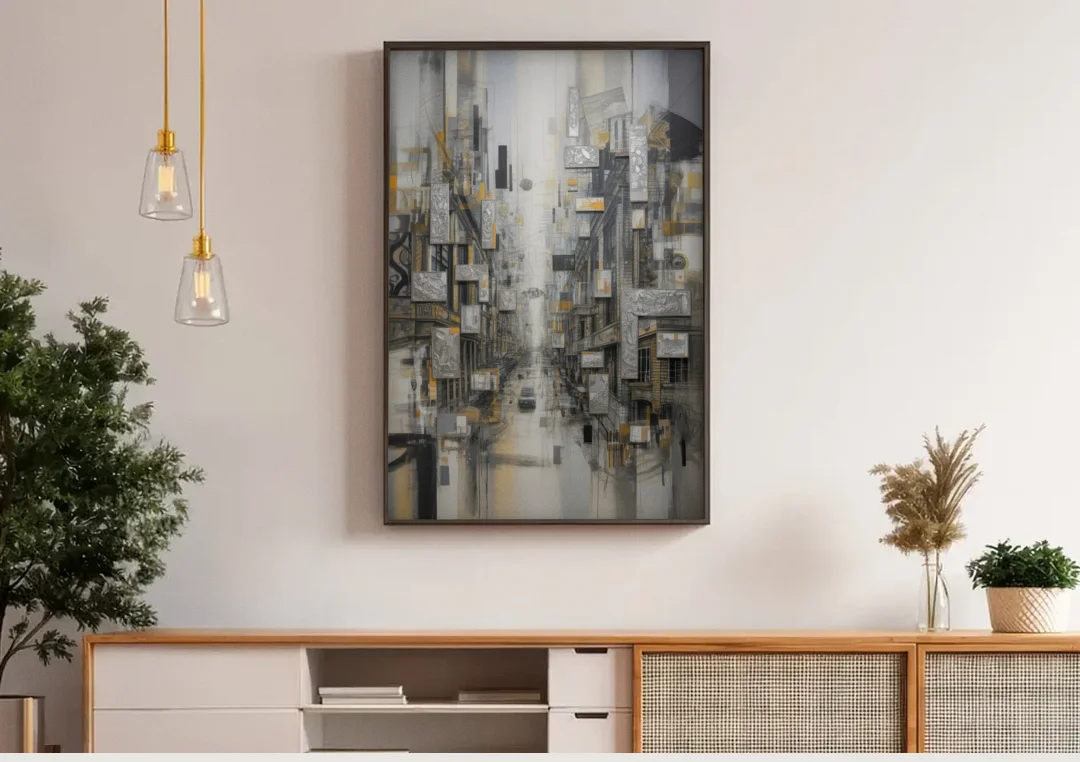 Sophisticated Cityscape Grey and Silver Abstract canvas wall art above a wooden sideboard under pendant lights
