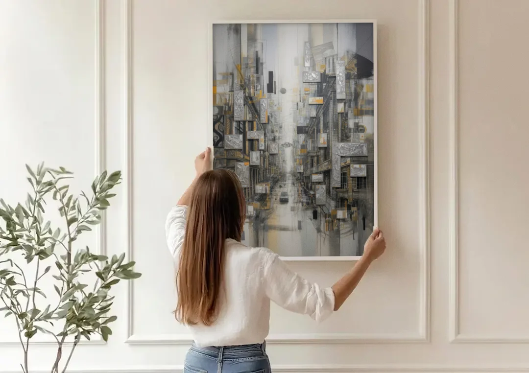 Sophisticated Cityscape Grey and Silver Abstract canvas wall art being hung on a paneled wall