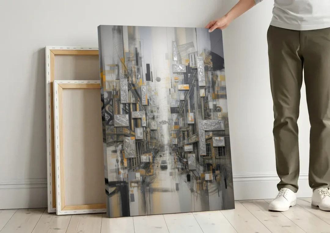 Sophisticated Cityscape Grey and Silver Abstract canvas wall art leaning against a wall next to blank canvases
