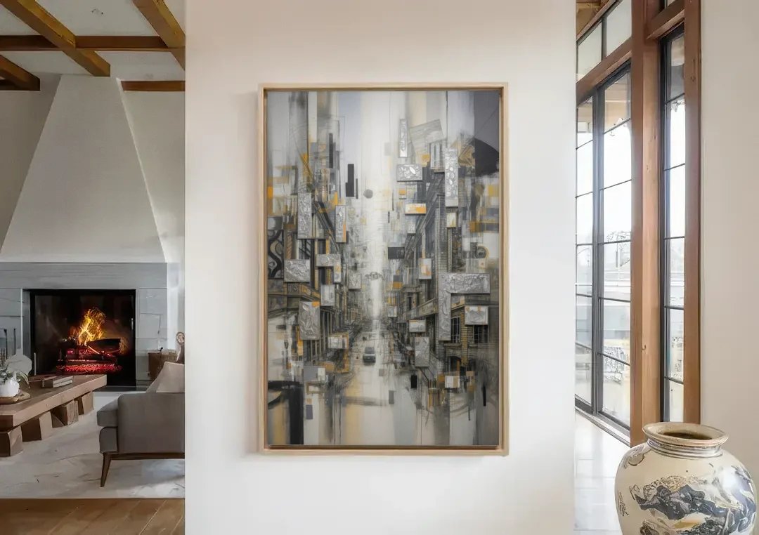 Sophisticated Cityscape Grey and Silver Abstract canvas wall art in a living room with a fireplace