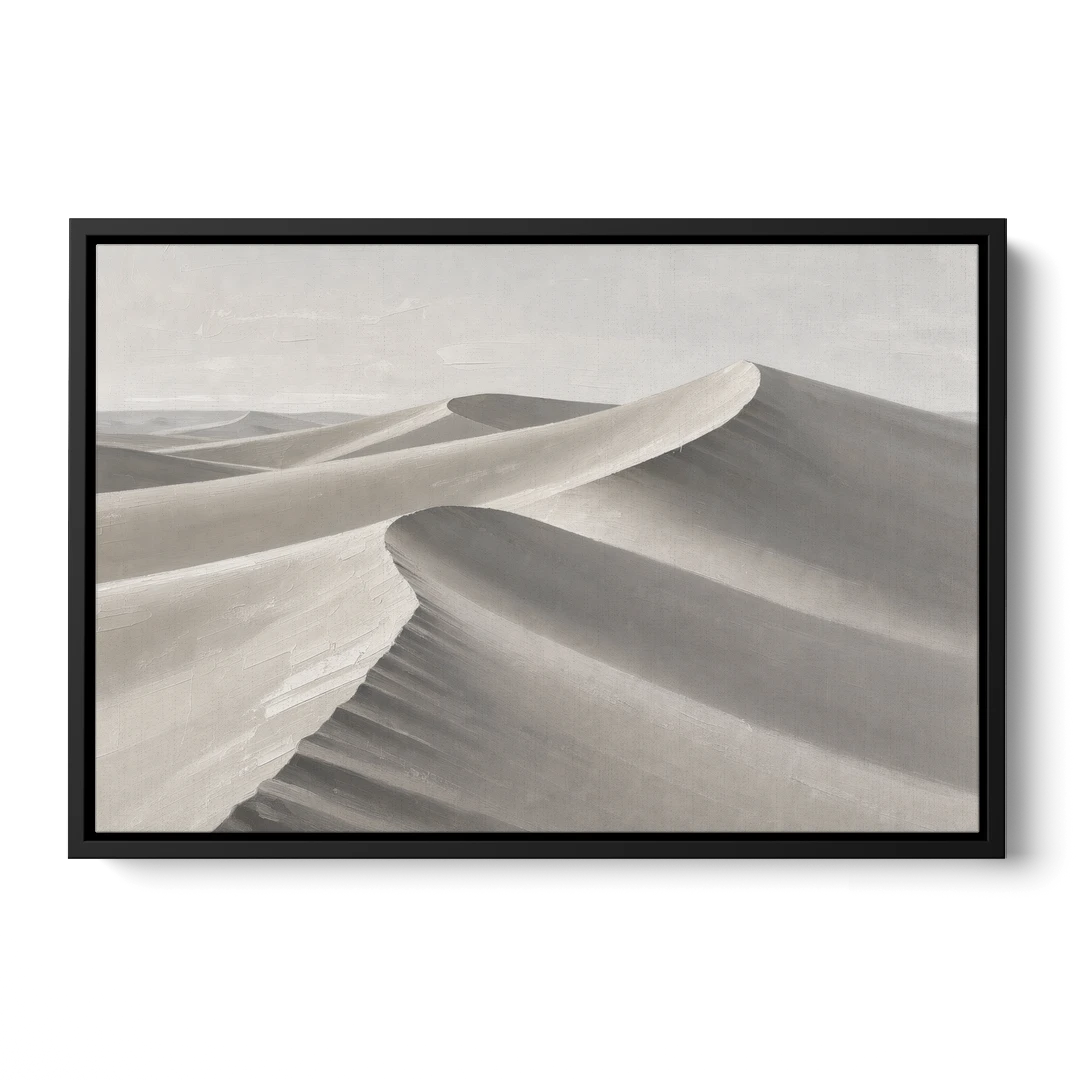 Sophisticated Dune Crests in Ivory and Charcoal - Black Framed Canvas Wall Art - Front