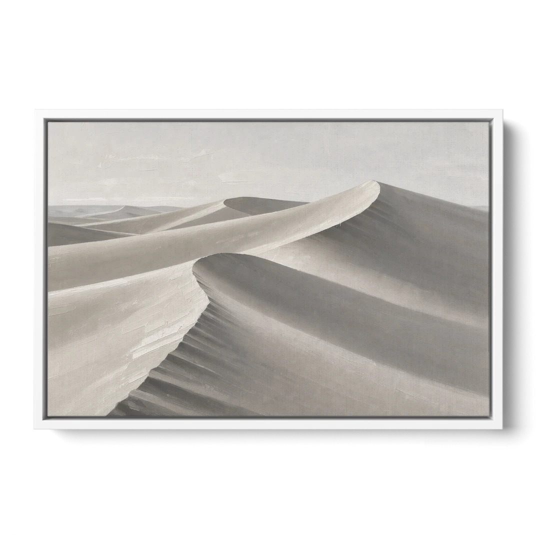 Sophisticated Dune Crests in Ivory and Charcoal - White Framed Canvas Wall Art - Front