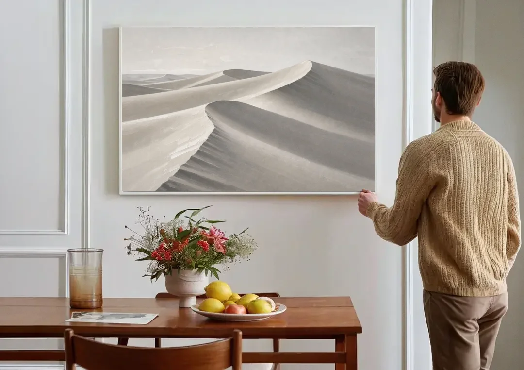 Sophisticated Dune Crests in Ivory and Charcoal canvas wall art above a dining table