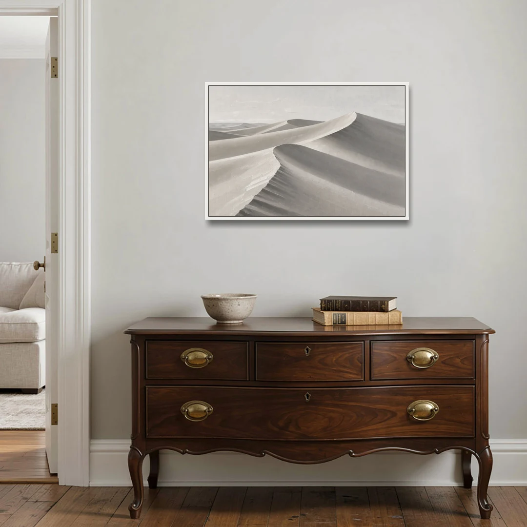 Sophisticated Dune Crests in Ivory and Charcoal - White Framed Canvas Wall Art - Coffee Table - 36x24