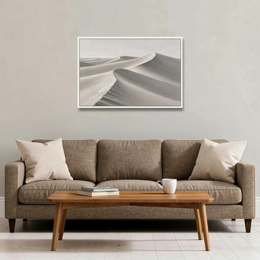 Sophisticated Dune Crests in Ivory and Charcoal - White Framed Canvas Wall Art - Sofa - 36x24