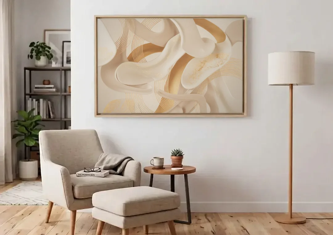 Sophisticated Fluidity Beige Abstract canvas wall art above an armchair in a bright living room