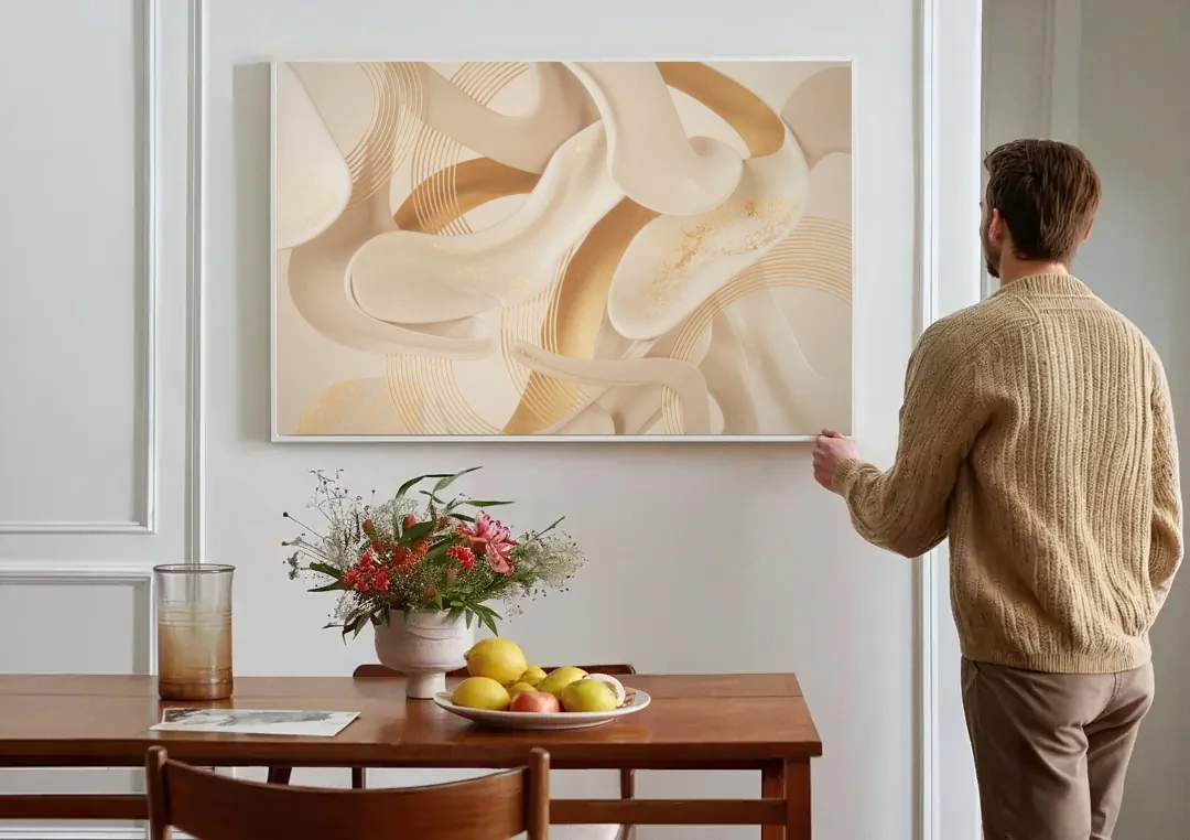 Sophisticated Fluidity Beige Abstract canvas wall art above a dining table