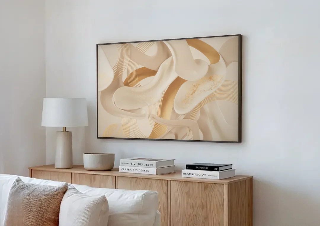 Sophisticated Fluidity Beige Abstract canvas wall art above a wooden sideboard next to a sofa