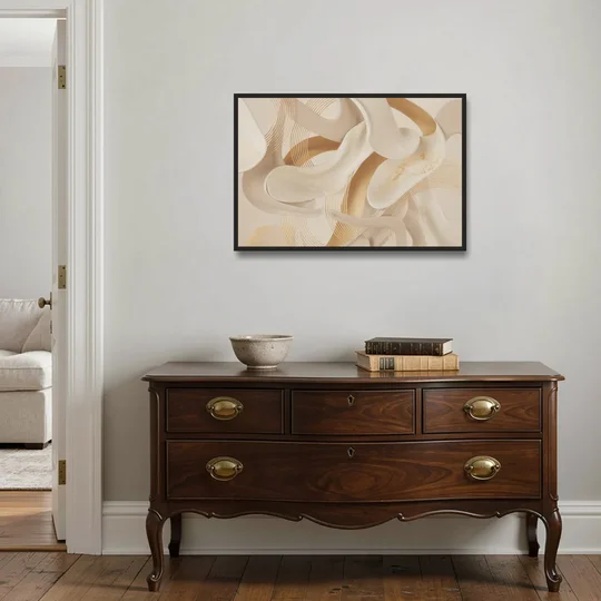 Sophisticated Fluidity Beige Abstract - Black Framed Canvas Wall Art - Coffee Table - 36x24
