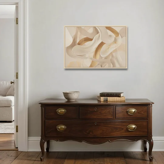 Sophisticated Fluidity Beige Abstract - Oak Framed Canvas Wall Art - Coffee Table - 36x24