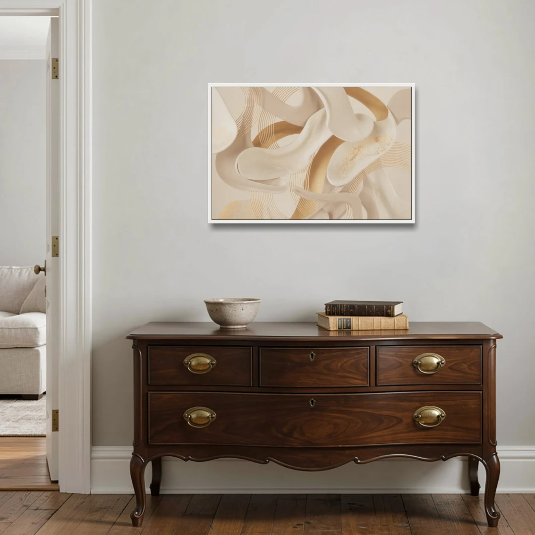 Sophisticated Fluidity Beige Abstract - White Framed Canvas Wall Art - Coffee Table - 36x24