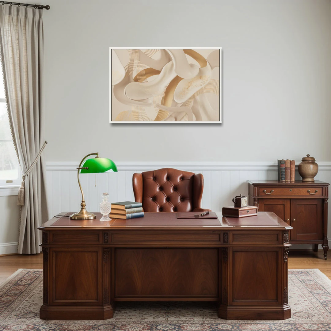 Sophisticated Fluidity Beige Abstract - White Framed Canvas Wall Art - Office - 36x24