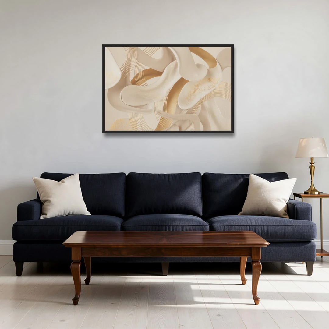 Sophisticated Fluidity Beige Abstract - Black Framed Canvas Wall Art - Sofa - 36x24