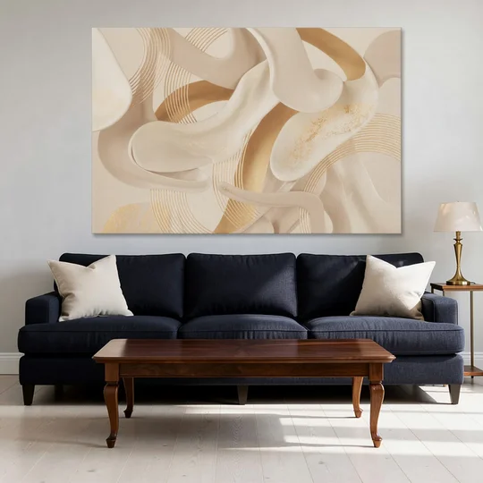 Sophisticated Fluidity Beige Abstract - Canvas Wall Art - Sofa - 60x40