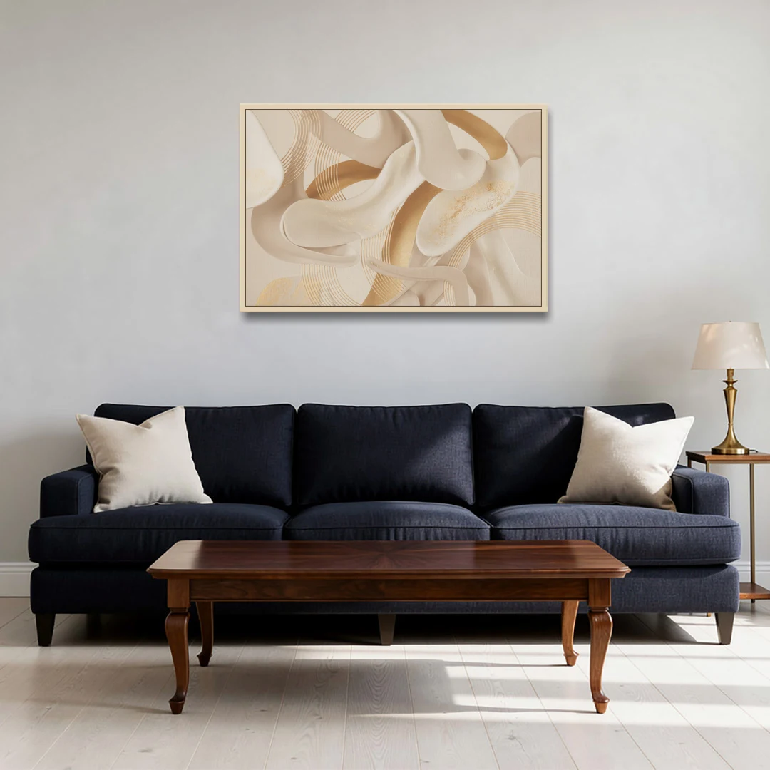 Sophisticated Fluidity Beige Abstract - Oak Framed Canvas Wall Art - Sofa - 36x24