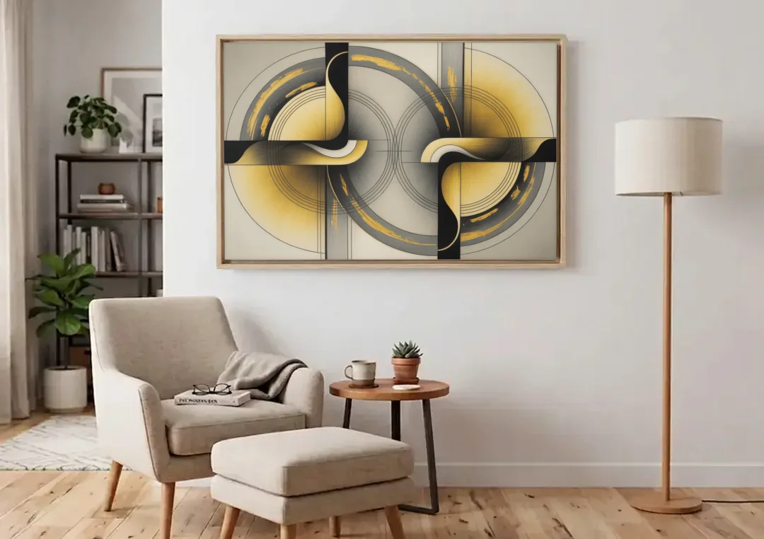 Sophisticated Harmony Yellow and Grey Abstract canvas wall art above an armchair in a bright living room