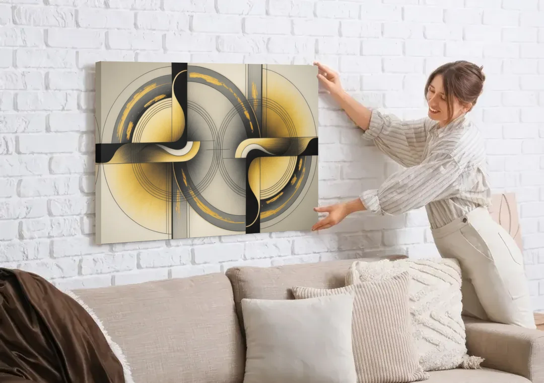 Sophisticated Harmony Yellow and Grey Abstract canvas wall art being hung on a white brick wall above a sofa