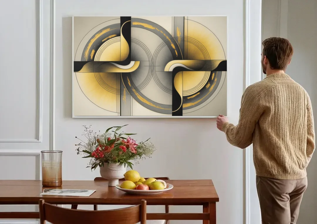 Sophisticated Harmony Yellow and Grey Abstract canvas wall art above a dining table