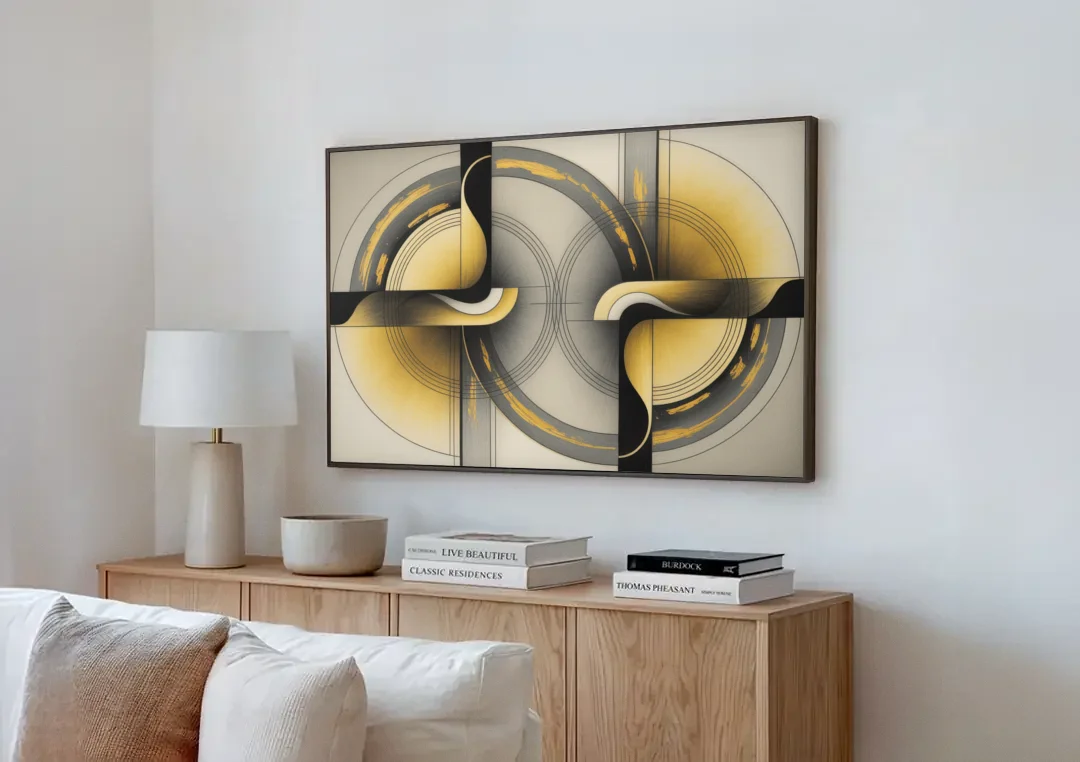Sophisticated Harmony Yellow and Grey Abstract canvas wall art above a wooden sideboard next to a sofa