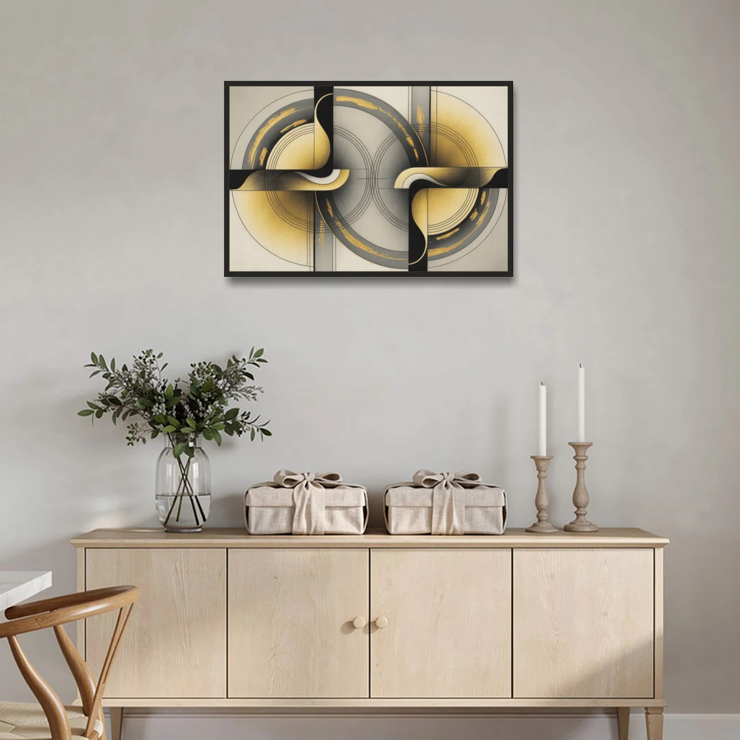 Sophisticated Harmony Yellow and Grey Abstract - Black Framed Canvas Wall Art - Coffee Table - 36x24