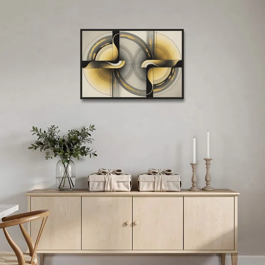 Sophisticated Harmony Yellow and Grey Abstract - Black Framed Canvas Wall Art - Coffee Table - 36x24