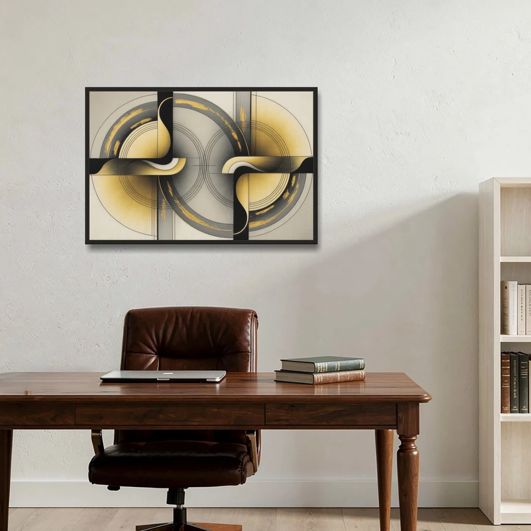 Sophisticated Harmony Yellow and Grey Abstract - Black Framed Canvas Wall Art - Office - 36x24