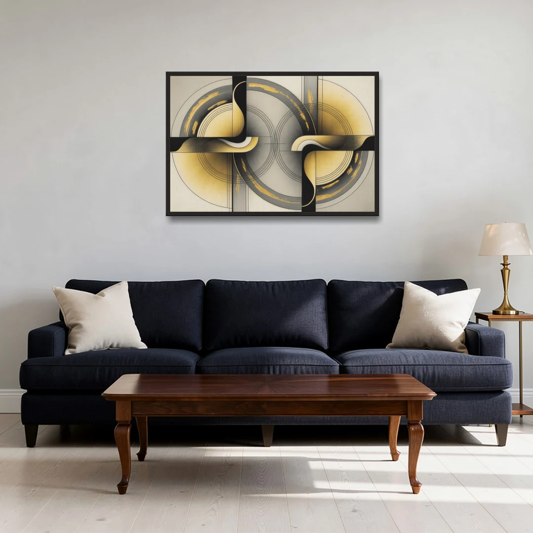 Sophisticated Harmony Yellow and Grey Abstract - Black Framed Canvas Wall Art - Sofa - 36x24