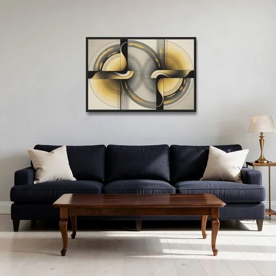 Sophisticated Harmony Yellow and Grey Abstract - Black Framed Canvas Wall Art - Sofa - 36x24