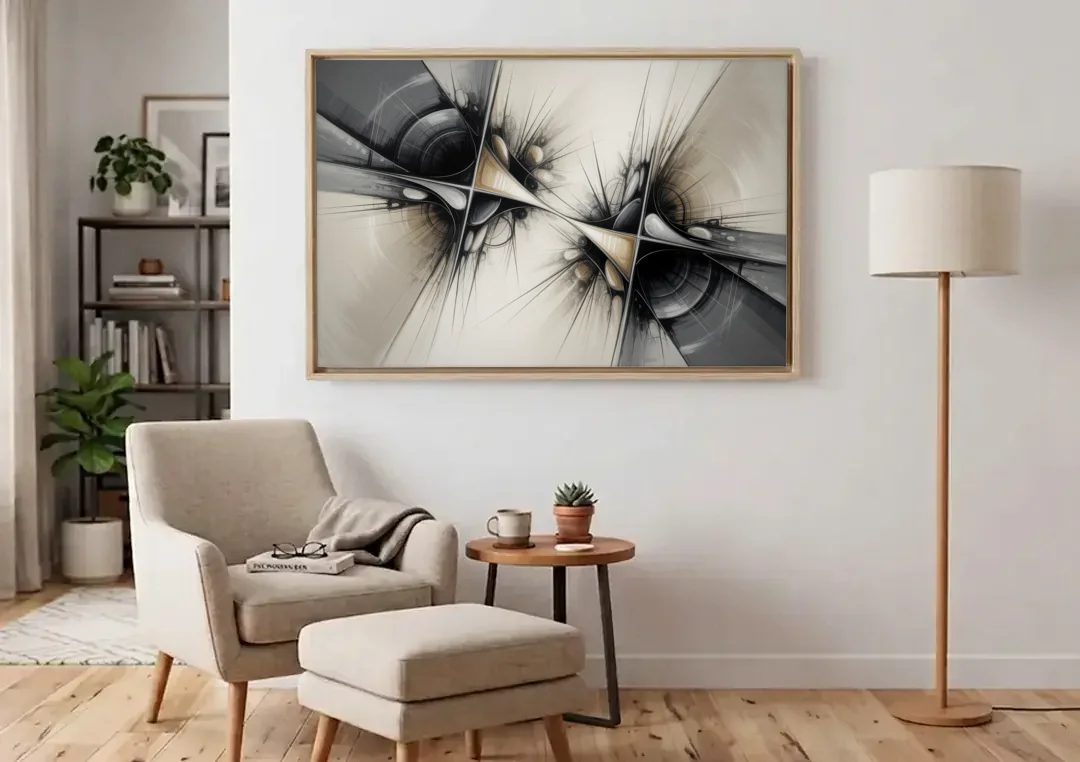 Sophisticated Interwoven Forms Black and White Abstract canvas wall art above an armchair in a bright living room