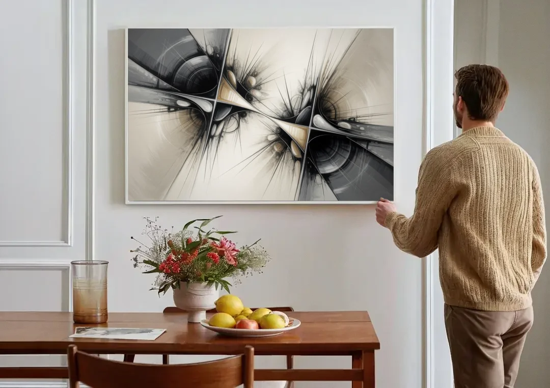 Sophisticated Interwoven Forms Black and White Abstract canvas wall art above a dining table