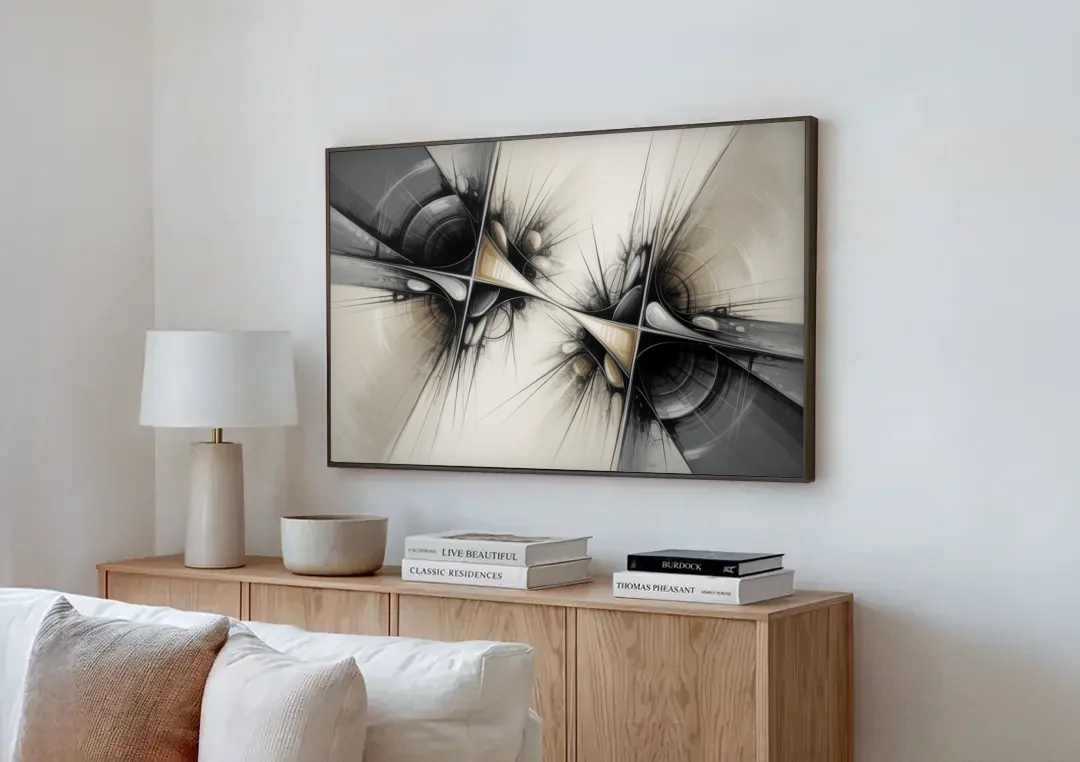 Sophisticated Interwoven Forms Black and White Abstract canvas wall art above a wooden sideboard next to a sofa
