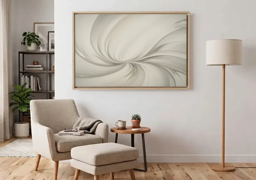 Sophisticated Swirling White Abstract canvas wall art above an armchair in a bright living room